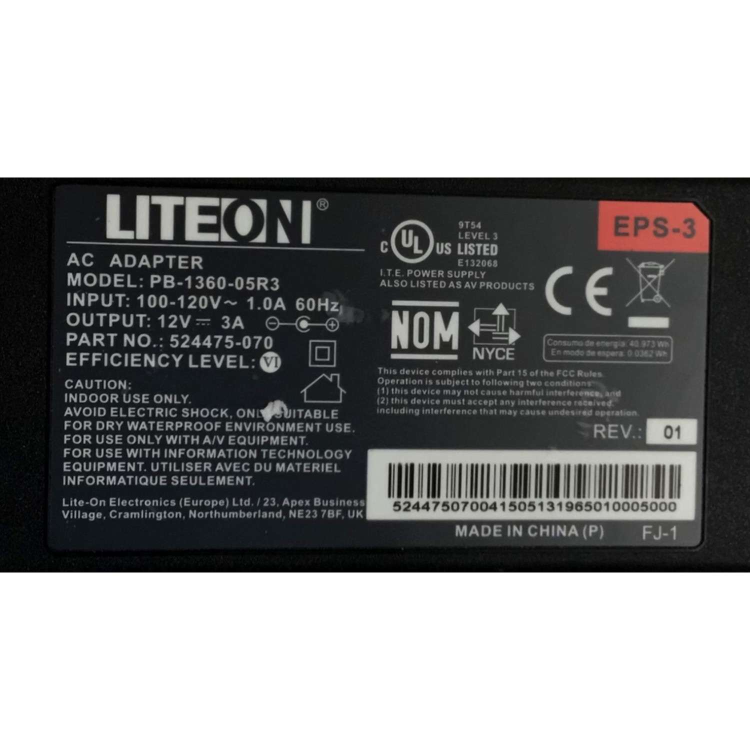 CARGADOR / ADAPTADOR DE FUENTE DE ALIMENTACION VCA-VCD / LITEON / NUMERO DE PARTE 524475-070 / ENTRADA VCA 100-120V~ 1.0A / 60HZ / SALIDA VCD 12V 3A / EPS-3 / MODELO PB-1360-05R3 - Imagen 3